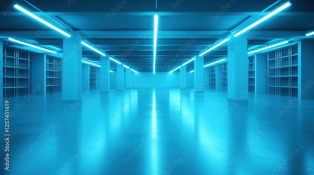 Futuristic empty warehouse interior with glowing blue lights. Concept of industrial design and innovation. Futuristic empty warehouse interior with glowing blue lights. Concept of industrial design and innovation.
