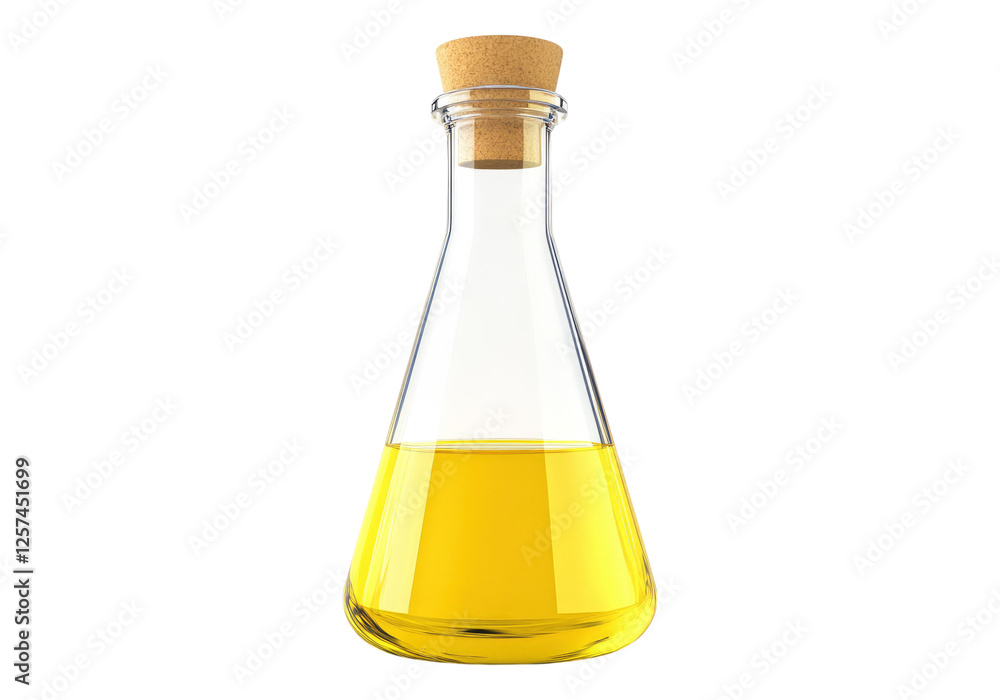 Conical flask with cork containing yellow liquid. Conical flask with cork containing yellow liquid.