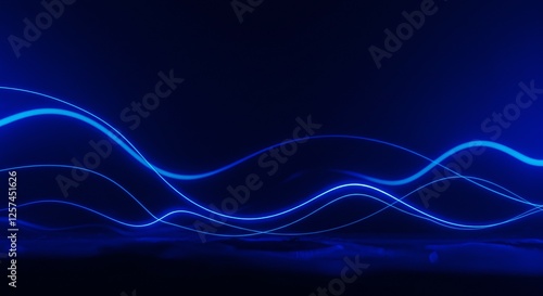 Dark blue abstract background with ultraviolet neon glow, blurry light lines, waves
