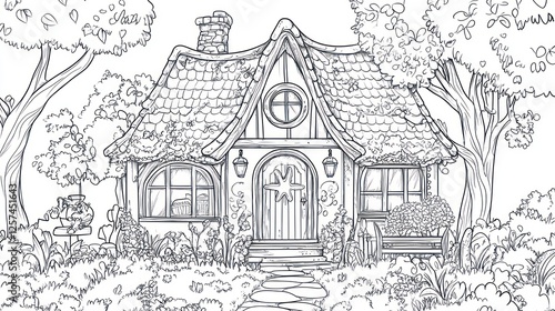 Fairytale cottage, forest garden, stone path, coloring book