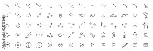 かわいいアイコンセットのベクターイラスト。飾り、ハート、シンプル、星、集中線	