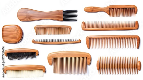 Variety of Wooden Combs on White Background for Hair Care Needs photo