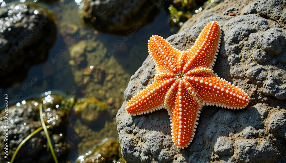 Bright orange starfish resting on rocky surface underwater, serene beauty Bright orange starfish resting on rocky surface underwater, serene beauty