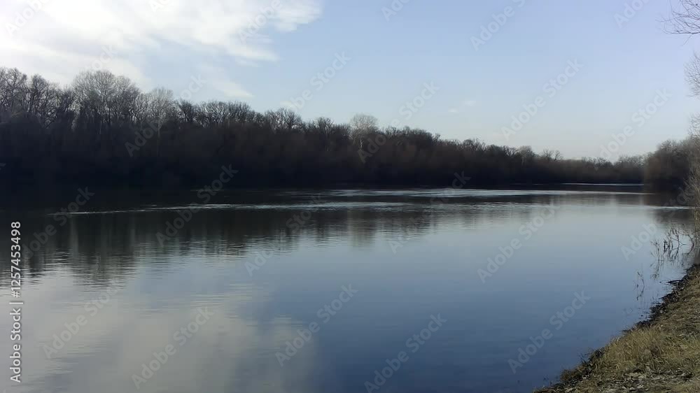 A tranquil river scene with bare trees and a cloudy sky. A tranquil river scene with bare trees and a cloudy sky.