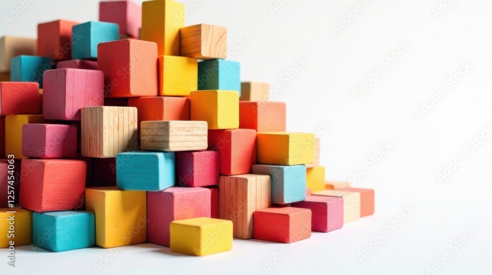 Colorful Wooden Blocks Arranged in a Playful Pyramid Structure on a White Background Colorful Wooden Blocks Arranged in a Playful Pyramid Structure on a White Background
