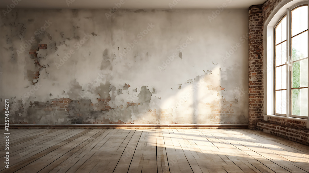 Sunlit empty loft room, exposed brick, aged wall, wooden floor, renovation Sunlit empty loft room, exposed brick, aged wall, wooden floor, renovation