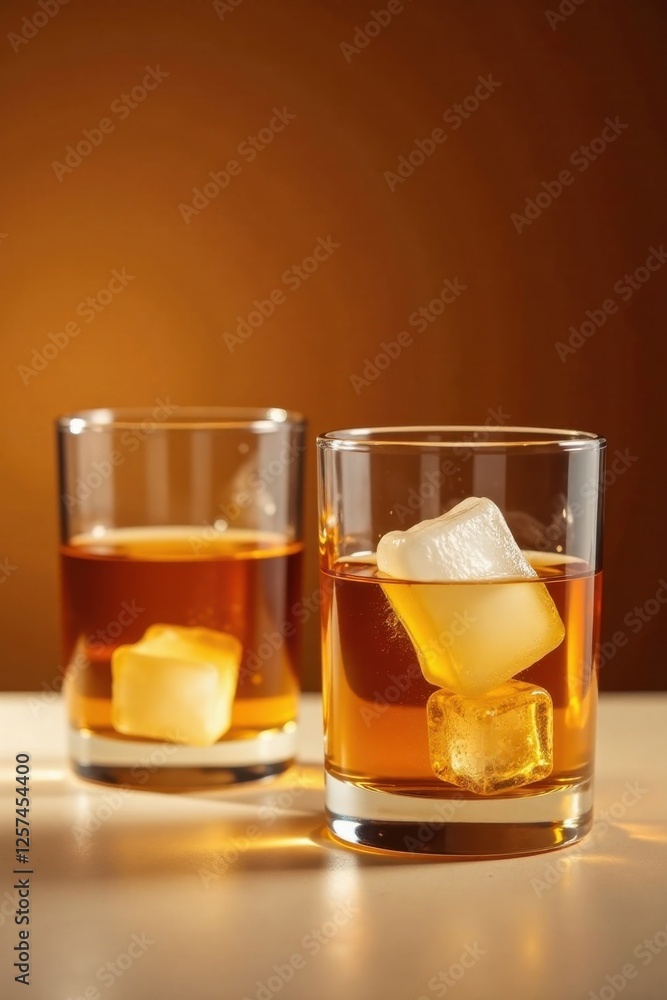 Two glasses of amber liquid with ice cubes on a light surface against a warm background Two glasses of amber liquid with ice cubes on a light surface against a warm background