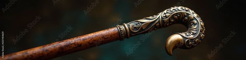 Antique walking stick, close-up, intricate carvings, rich tones, carved, refined, background Antique walking stick, close-up, intricate carvings, rich tones, carved, refined, background