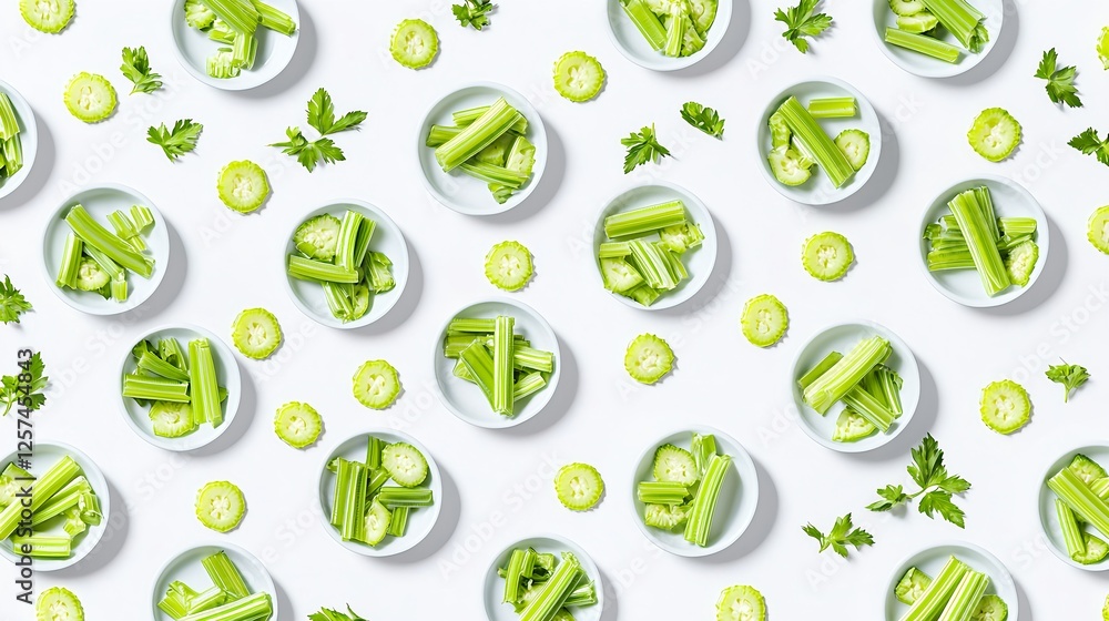 Fresh Celery Sticks and Slices Arranged on White Background Fresh Celery Sticks and Slices Arranged on White Background
