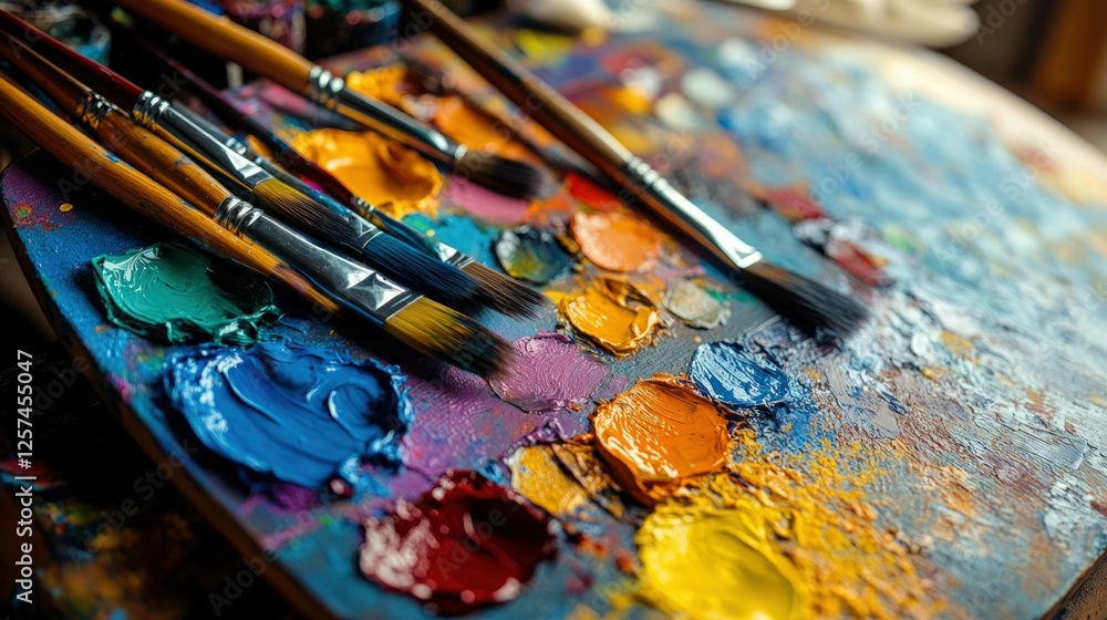 Fototapeta premium Vibrant paint palette with brushes artistic creation