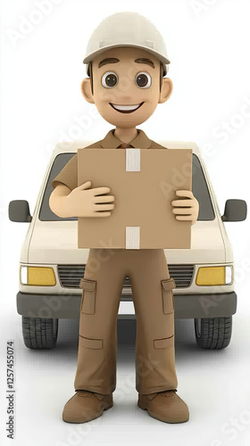 Illustration of a simple 3D rendering of a delivery driver in front of his delivery van on a white background