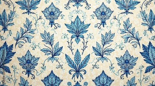 Elegant Blue and Beige Floral Textile Design Featuring Intricate Leaf and Flower Motifs in a Symmetrical Pattern Ideal for Upholstery, Fashion, or Home Decor Projects