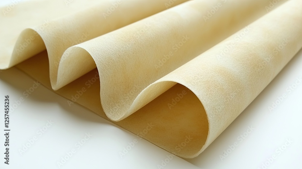 Smooth, undulating sheets of parchment paper arranged elegantly on a white background Smooth, undulating sheets of parchment paper arranged elegantly on a white background