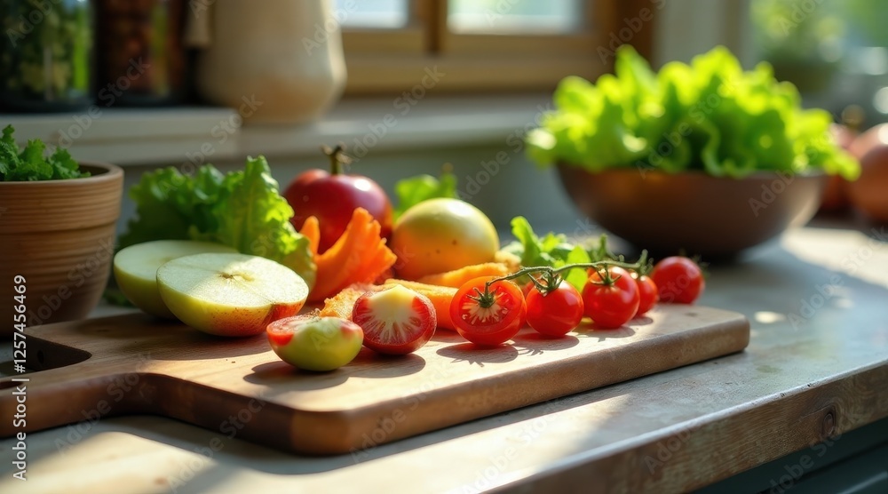 Sunlit Kitchen Countertop with Freshly Cut Fruits and Vegetables Ready for Preparation Sunlit Kitchen Countertop with Freshly Cut Fruits and Vegetables Ready for Preparation