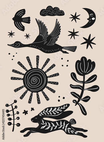 cute scandi black and white rabbit goose flower  sun nordic block print style  wall art poster, vector illustration design print