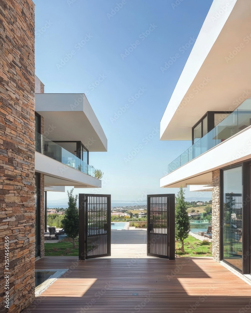 Modern Architectural Design Featuring Open Doors and Scenic View Modern Architectural Design Featuring Open Doors and Scenic View