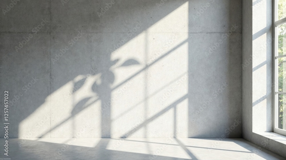 Fototapeta premium Sunlit Room with Concrete Wall and Plant Shadow Cast by Window