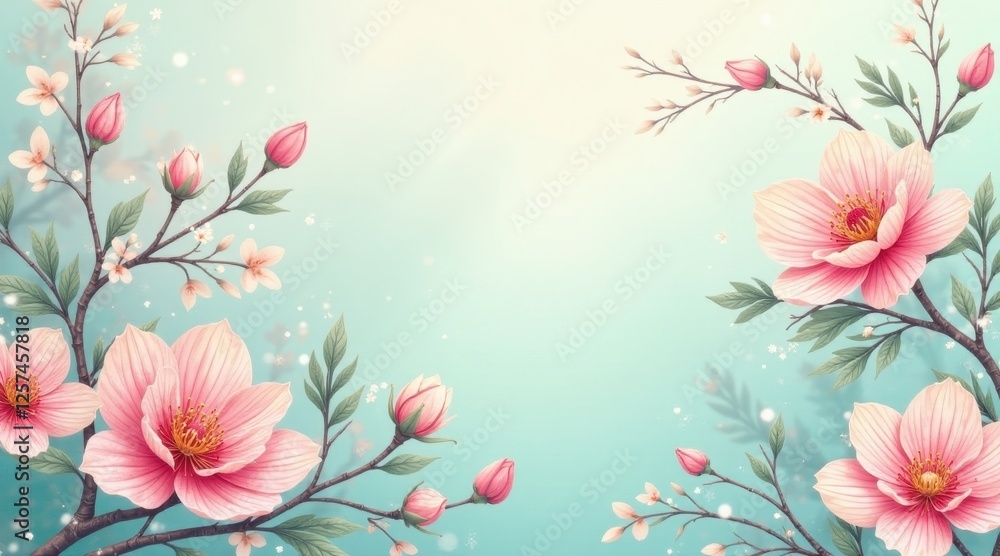 Obraz premium Delicate Pink Blossoms Frame a Serene Pastel Background, Ideal for Springtime Designs and Elegant Invitations