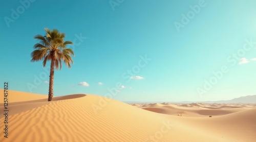 A solitary palm tree stands tall amidst a vast expanse of golden sand dunes under a vibrant, clear sky, a serene desert landscape bathed in warm sunlight.
