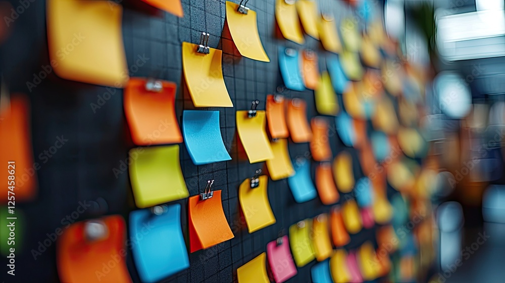 Fototapeta premium Colorful sticky notes arranged on a board in a modern office, showcasing brainstorming ideas