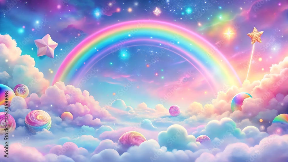 A vibrant and dreamy illustration of a pastel rainbow arching across a sky filled with fluffy, glowing clouds A vibrant and dreamy illustration of a pastel rainbow arching across a sky filled with fluffy, glowing clouds