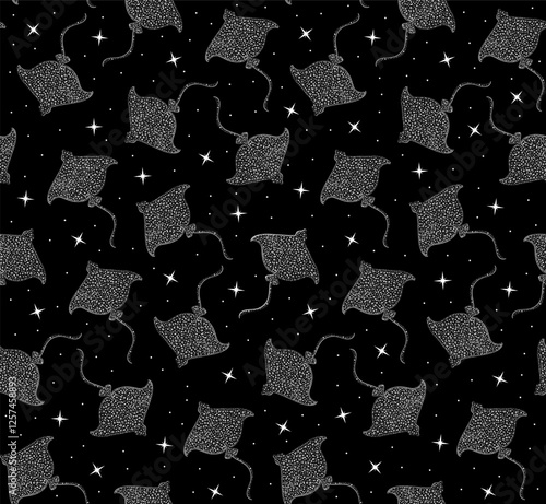 manta rays deep sea underwater seamless pattern in black and white,  vector illustration repeat design print