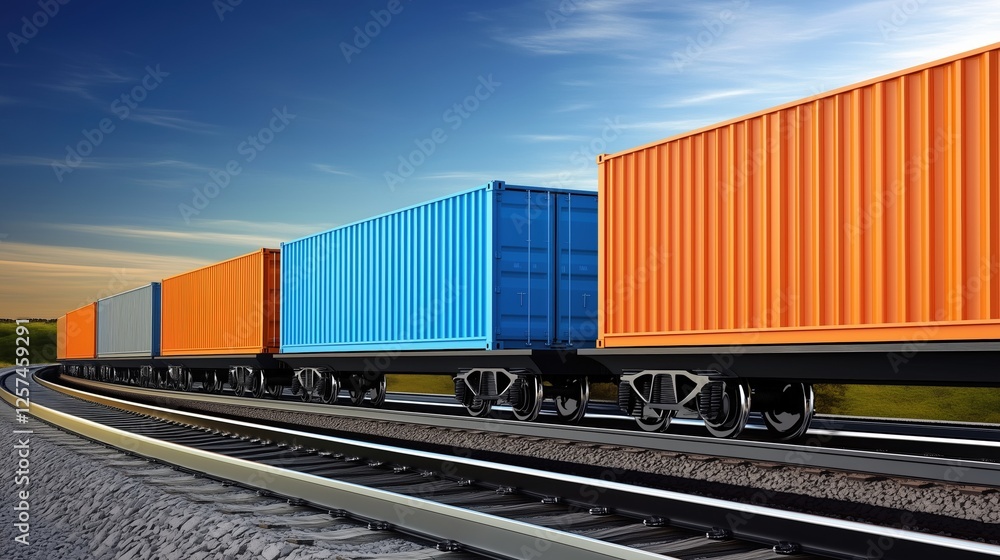 Obraz premium Brightly colored freight containers on a train moving along tracks under a clear sky. Global trade and transportation theme.