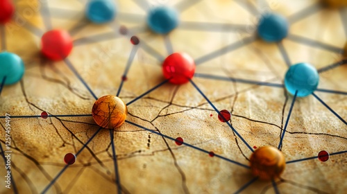 Global network connection map; colored pins on vintage map; background shows aged paper texture; useful for illustrating global communication, travel, or logistics
