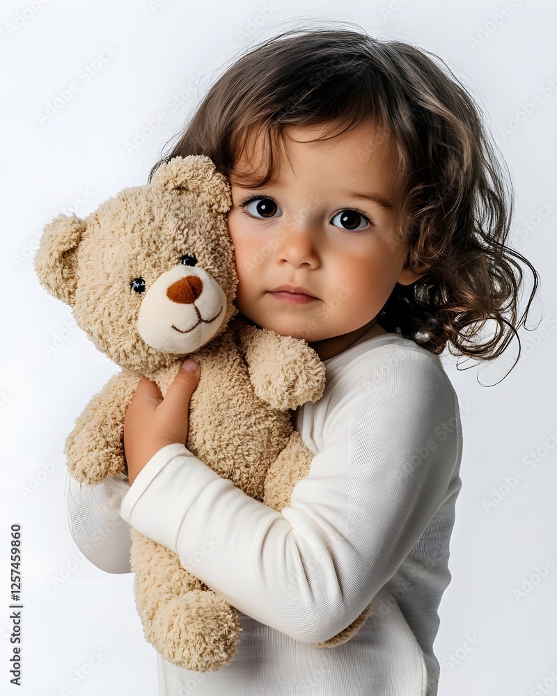 Young child holding a soft teddy bear, smiling gently, with a neutral background emphasizing innocence Young child holding a soft teddy bear, smiling gently, with a neutral background emphasizing innocence