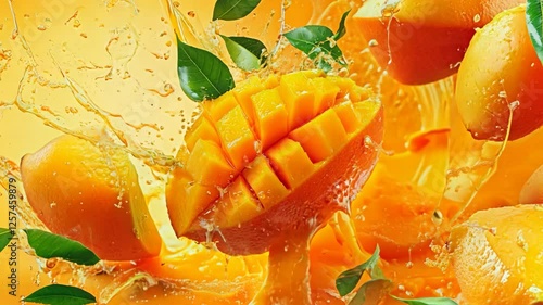 A ripe and juicy mango splashing into golden tropical juice, surrounded by fresh green leaves