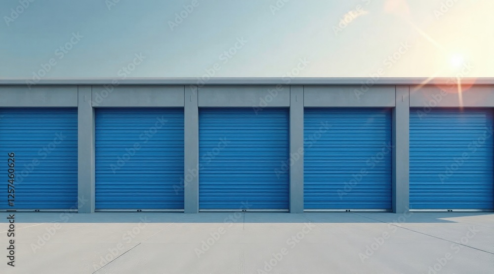 Row of Closed Blue Storage Unit Doors Under Sunny Sky Row of Closed Blue Storage Unit Doors Under Sunny Sky