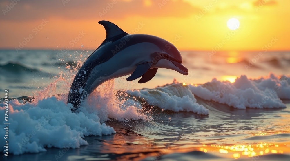 Fototapeta premium Ocean Sunrise Dolphin Leap A Majestic Marine Mammal Soaring Through Golden Waves