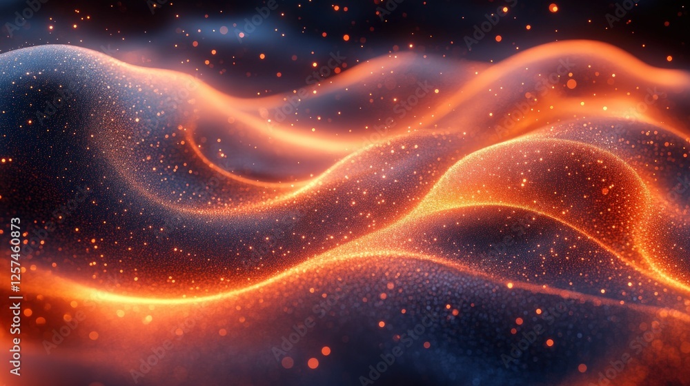 Obraz premium Glowing orange particles flow, dark abstract waves.