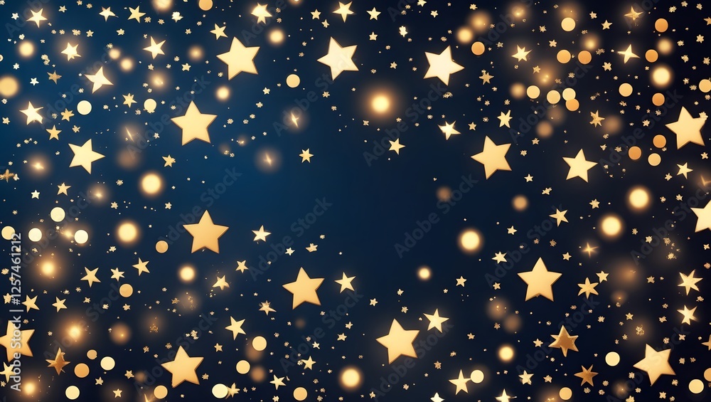 Festive, dark background with gold bokeh and star shapes. Festive, dark background with gold bokeh and star shapes.