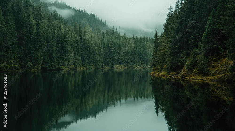 Fototapeta premium Clear blue river reflecting the surrounding lush forest in nature