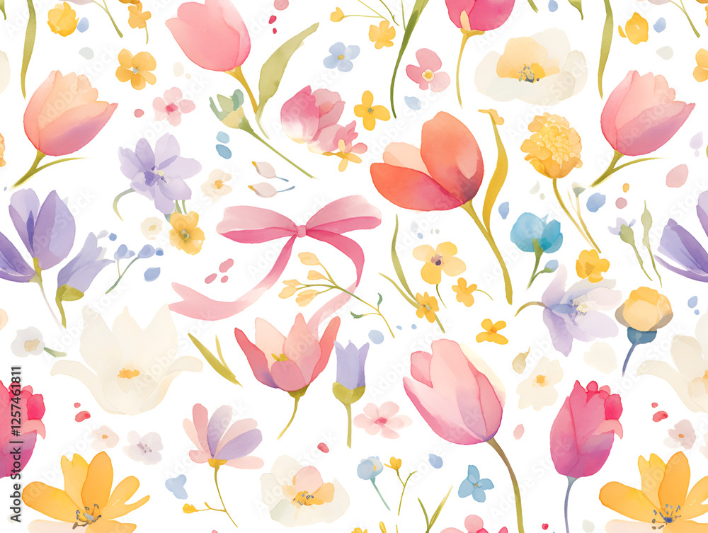 Obraz premium Seamless Watercolor Tulip Pattern with Pink Bows