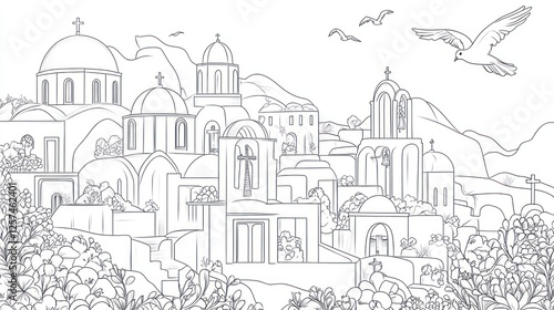 Wallpaper Mural Grecian Island Churches, birds flying, scenic hills, coloring page Torontodigital.ca
