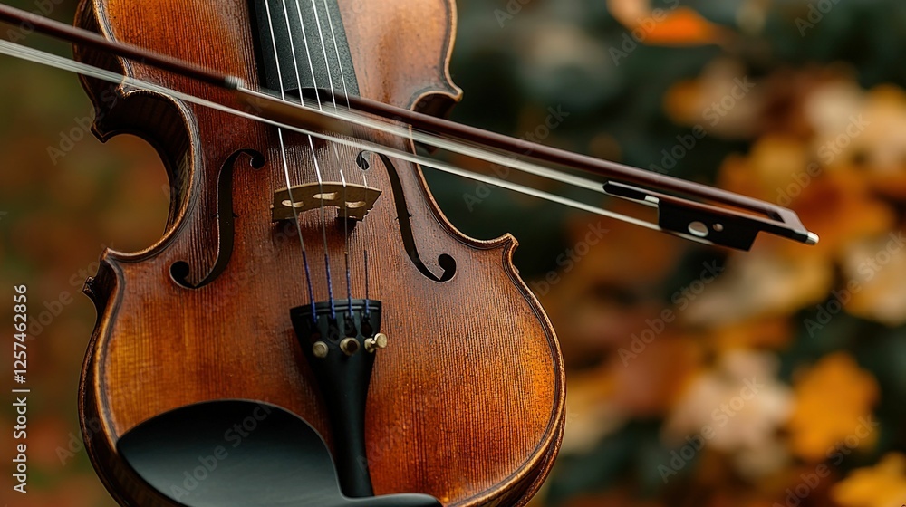 Polished violin rests bow autumn leaves Polished violin rests bow autumn leaves