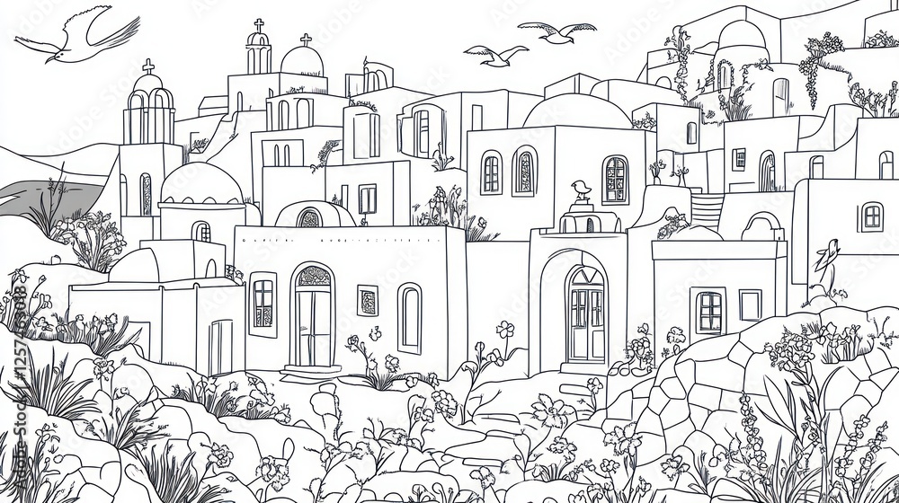 Obraz premium Greek Island Village Coloring Page Coastal Town, Mediterranean Sea, Birds, Plants