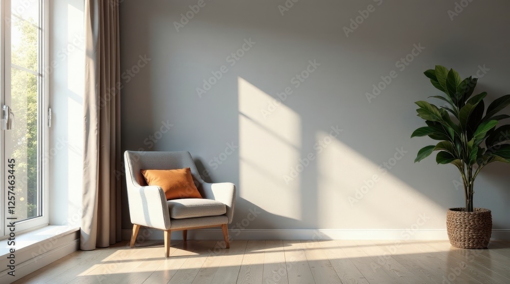 Fototapeta premium Serene Living Room with Sunlight Streaming Through Window, Illuminating Comfortable Armchair and Houseplant