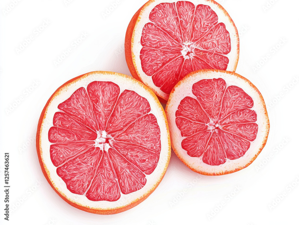 Slices of fresh pink grapefruit with vibrant pulp white background Slices of fresh pink grapefruit with vibrant pulp white background