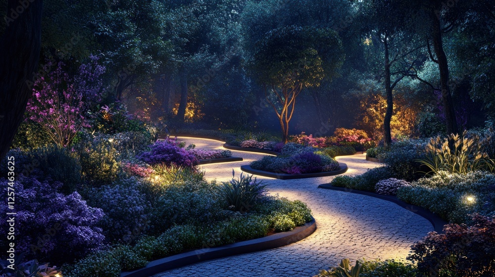 Fototapeta premium Winding path, illuminated garden, night scene, landscaping design