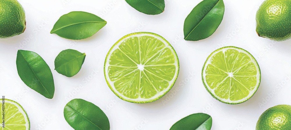 Fresh lime slices and green leaves on white background Fresh lime slices and green leaves on white background