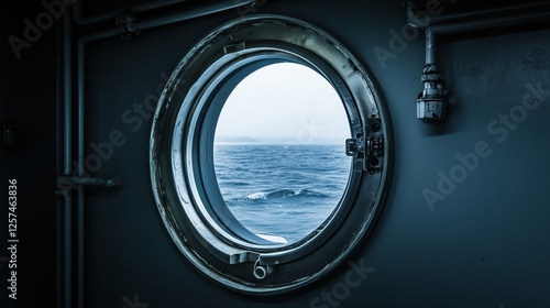 Ship porthole with ocean view and industrial interior framing. Nautical theme and travel inspiration