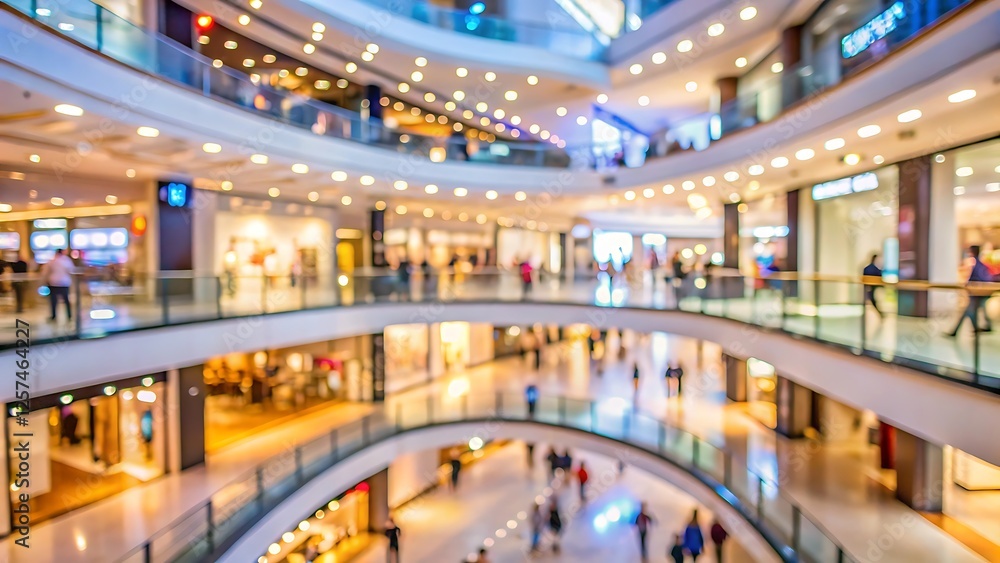 Fototapeta premium Blurred interior of a modern shopping mall with lights and customers