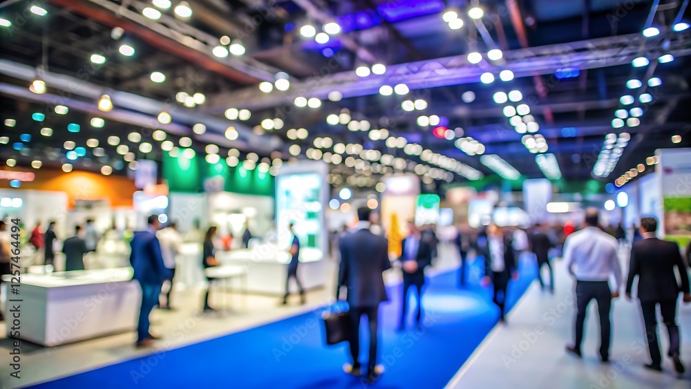 Blurred of busy trade show floor or exhibition event hall with numerous attendees Blurred of busy trade show floor or exhibition event hall with numerous attendees