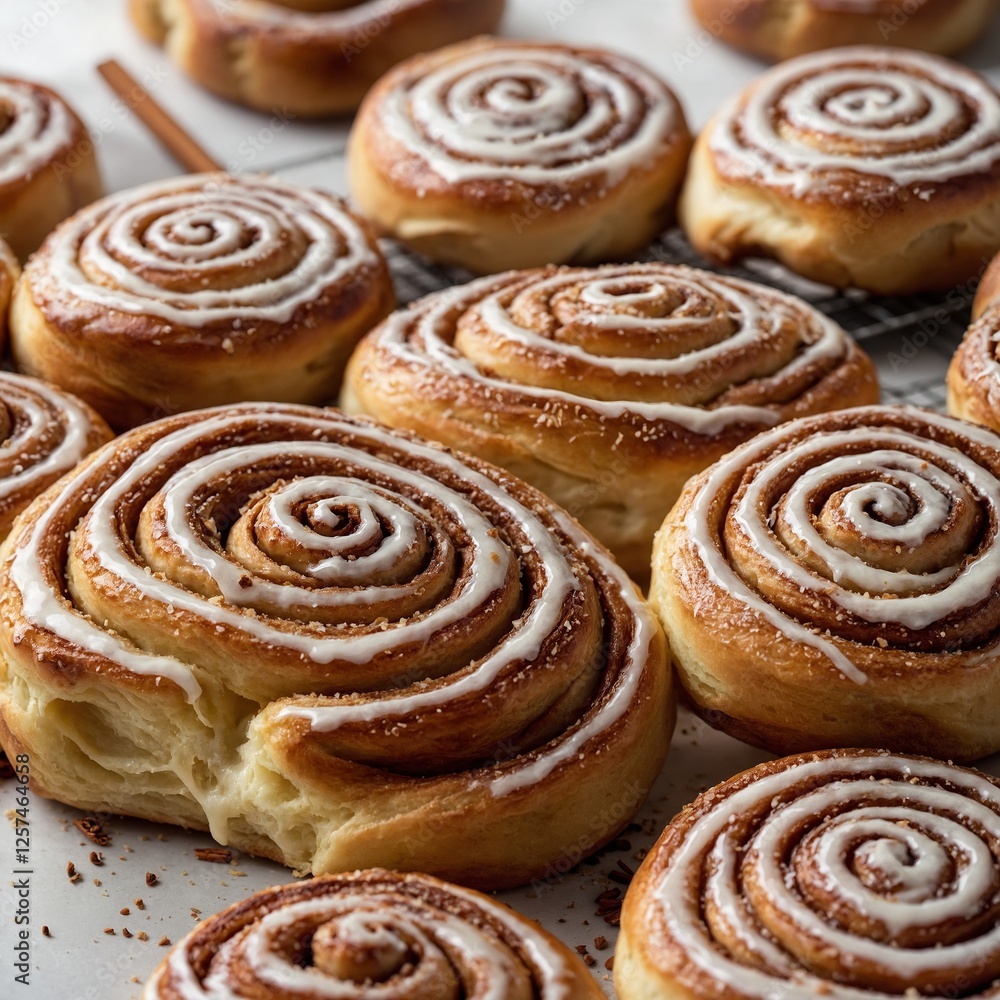Fototapeta premium Fresh cinnamon rolls straight from the oven, their aroma almost visible, on a white backdrop.