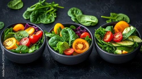 Three bowls of salad with a variety of vegetables including tomatoes, cucumbers, and spinach. The bowls are arranged on a black table