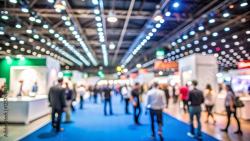 Blurred of busy trade show floor or exhibition event hall with numerous attendees