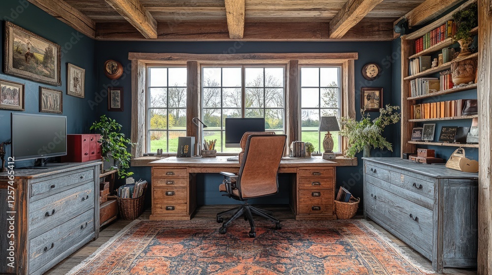 Rustic home office with wood beams, large window, and antique Rustic home office with wood beams, large window, and antique